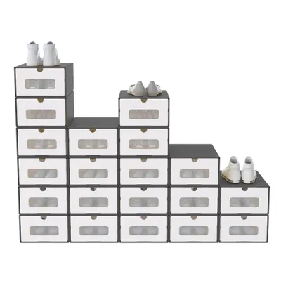Obrázok produktu pre JOIEYOU 20x boxy na topánky stohovateľné kraftový papier na skladovanie topánok s vekom a priehľadným okienkom organizér na topánky, 34,5x23,5x13,5 cm, sivá