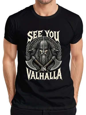 Obrázok produktu pre Tričko s potlačou "Uvidíme sa v Valhalle", motív Viking, bojovník, Odin, krkavce, severská mytológia, pánske, čierna farba, veľkosť 3XL