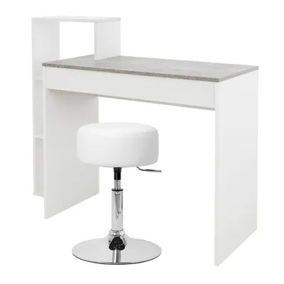 Produktbild von ML-Design Schreibtisch mit Sitzhocker, Weiß-Grau, Computertisch mit Regal, Polsterhocker Hocker Weiß, Ø33cm drehbar höhenverstellbar