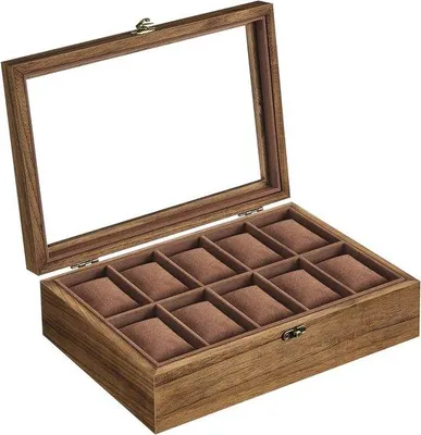Productafbeelding van Unyqoos® horlogebox van massief hout – 10 vakken met groot glazen deksel, fluwelen kussentjes, walnootkleur, geschikt voor horloges tot Ø 51 mm