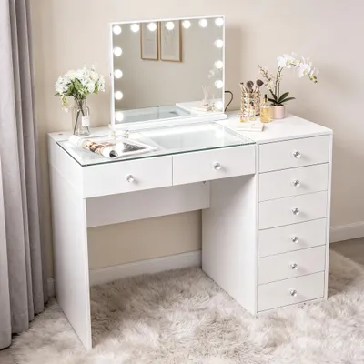 Obrázok produktu pre VANITII Toaletný stolík so zrkadlom 15 LED žiaroviek, nastaviteľná jasnosť, s 8 zásuvkami