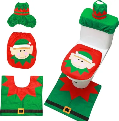 Produktbild von 3-teiliges Toilettensitzset mit Weihnachtselfen-Motiv und Matte, Badezimmer-Set, festlich, Weihnachtsmann, Weihnachtsmann,Elf