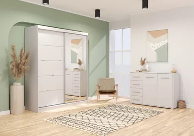 Produktbild von Schwebetürenschrank Kleiderschrank Schrank 183 cm mit einem Spiegel Kommode 135 cm zweitürig mit Schubladen Weiß/Weiß Bella 03 /Frida 01 2er-Set