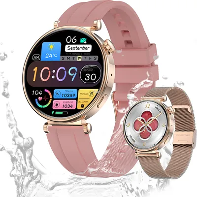 Two smartwatches are displayed against a white background with water splash effects.
