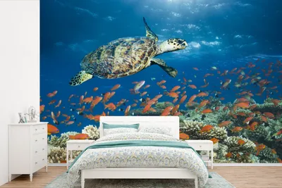 Produktbild von MuchoWow® Fototapete für Wohnzimmer oder Schlafzimmer Wandtapete Vinyl Motivtapete Korallenriff mit Schildkröte - 390x260 cm - Papiertapete