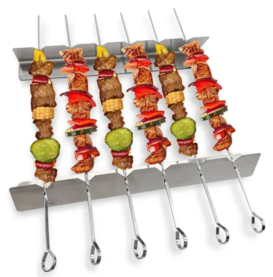 Grillspieß-Set, 2 Halter + 6 Edelstahlspieße, Schaschlik