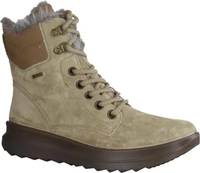 A single beige boot with brown accents and faux fur trim is shown against a white background.