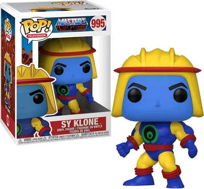 A Funko Pop! vinyl figure of Sy Klone from Masters of the Universe, shown in its original packaging and also displayed outside the box.