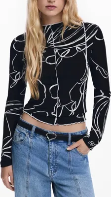 Produktbild von Schwarzes Damen T-Shirt: Kurzarm, Rundhals, Kontrastdetails