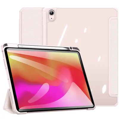 A pink tablet case with a tablet inside, displayed at an angle.