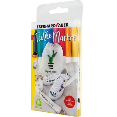 Produktbild von Eberhard Faber 578208 - Textil Marker, 8 Stoffmalstifte in leuchtenden Farben, Strichstärke ca. 2 mm, mit Schablonen, geeignet für verschiedene Stoffe, nach Fixierung waschbeständig bis 60°C