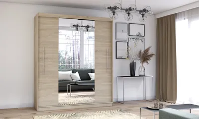 Produktbild von Schwebetürenschrank Kleiderschrank Schrank 204cm Sonoma/Sonoma mit zwei Spiegeln und LED Beleuchtung Torino