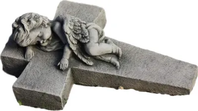 Produktbild von Steinfiguren Horn Engel auf Kreuz liegend aus Steinguss für den Garten, Frostfest Witterungsbeständig und Neu, 23cm Höhe, DE-904