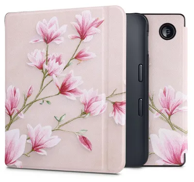 Produktbild von kwmobile Schutzhülle für Kobo Libra 2 Hülle - eReader Flip Case mit Auto Sleep Funktion - Magnolien mit Rosa Weiß Altrosa