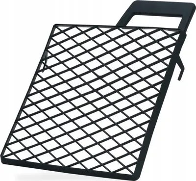A black plastic paint roller tray with a grid pattern and a handle.