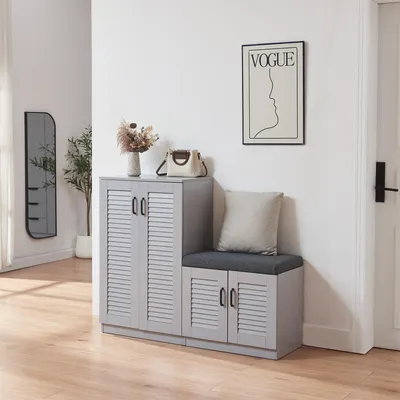 Obrázek produktu pro Botník "Løten" s lavicí Botník 120 x 36 x 97 cm se 4 dvířky a 9 policemi Šedá barva