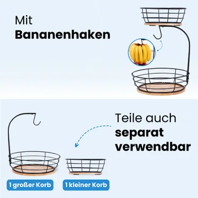 Produktbild von Hanamura Obst-Etagere – Obstkorb 2-lagig – Mit Bananenhaken – Holz & Metall – Schwarz