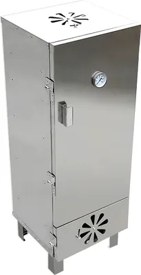 A stainless steel smoker oven is shown against a white background.