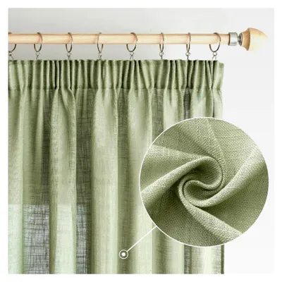 Produktbild von Leinen Gardinen mit Kräuselband Vorhänge für Wohnzimmer und Schlafzimmer, halbtransparent, 2er Set 140x225cm (BxH) Grün