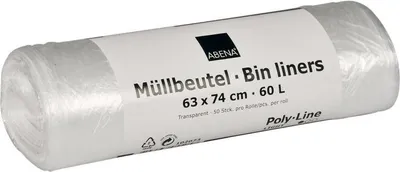 Produktbild von Müllbeutel 60 L, 630x740 mm, 5,5 my HDPE, Transparent | Rolle (50 Beutel)