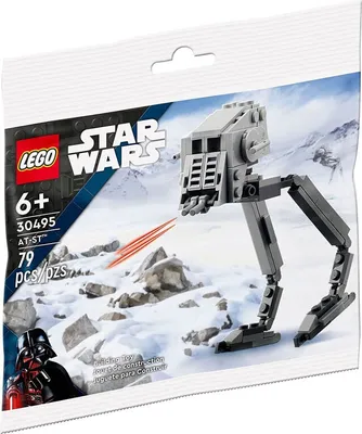A polybag containing a small LEGO Star Wars AT-ST model, shown in a snowy, rocky environment with Darth Vader in the lower left corner.
