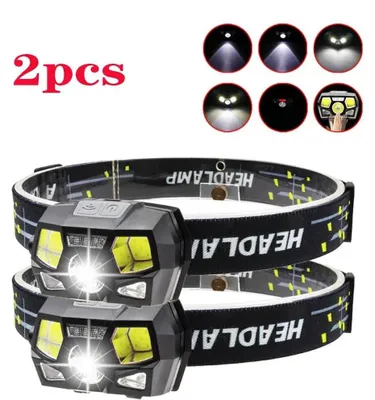 Image de Lampe frontale - Lampe frontale LED - Capteur de mouvement - Rechargeable par USB - Légère et portable - Lot de 2 - Pour la course à pied, le camping et la pêche - Noir