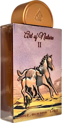 A bottle of Lattafa Pride Art of Nature II Eau de Parfum with a desert-themed label featuring a horse.