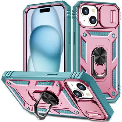 Obrázek produktu pro Pouzdro pro iPhone 15 Plus posuvná ochrana kamery, robustní nárazuvzdorné, s držákem prstenu, stojánkem a držákem na karty zelené Růžový