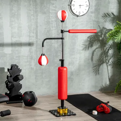 Produktbild von Boxstation mit 2 Speedballs, drehbarer Reflexstange, Kickpolster, höhenverstellbar, Stahl, Kunstleder, Mehrfarbig | 107x36x205 cm | 12 kg