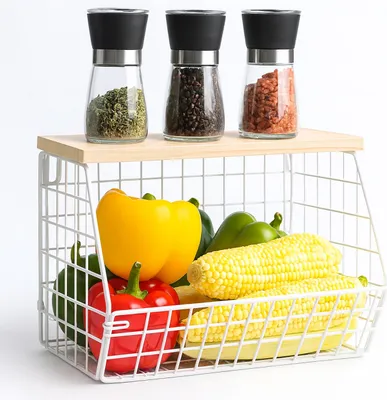 Produktbild von Relaxdays Obstkorb Wandregal, Ablagebrett, Küchenorganizer zum Hängen, HBT: 22x30x20 cm, Gitterkorb Metall, weiß/natur