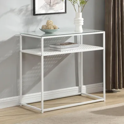 Zdjęcie produktu dla WOHNLING Stolik konsolowy Szkło Metal 80x40x77 cm Stolik do przedpokoju Biały Wąski stolik do przedpokoju z blatem szklanym i metalową podstawą Stolik szklany z półką
