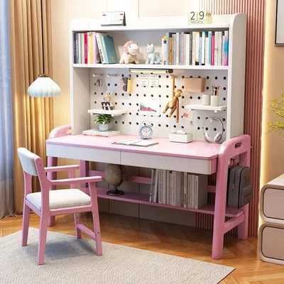 Produktbild von Holzplattentisch, höhenverstellbarer Schreibtisch, Computertisch, Ablagetisch, Lernschreibtisch mit Bücherregal Rosa 100*60*75 cm /FSJFZ10/