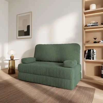 Produktbild von Masseno Schaumstoffsofa KESTE mit Schlaffunktion, Schlafsofa, Wohnzimmersofa, Couch, Sofa, Bettsofa, Bucle-Stoff – Grün QUELLE 37