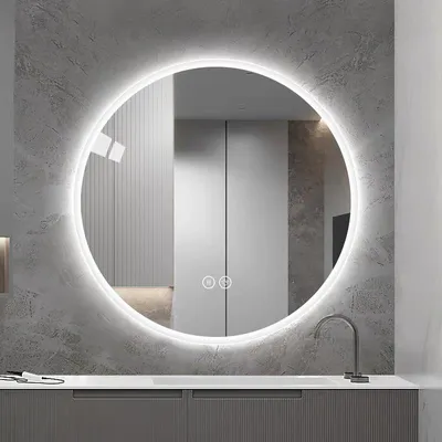 Image de Miroir de salle de bain LED, rond, 80 cm, miroir mural avec éclairage, variateur d'intensité, fonction anti-buée, miroir de salle de bain, miroir de maquillage, couleur de la lumière réglable, miroir intelligent