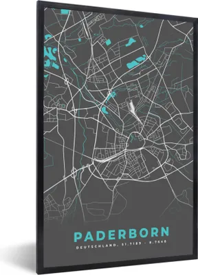 Produktbild von MuchoWow® Gerahmtes Poster Karte - Paderborn - Blau - Stadtplan - Deutschland 60x90 cm - Poster mit Schwarzem Bilderrahmen Wandposter Rahmen Foto Bilder - Kunst
