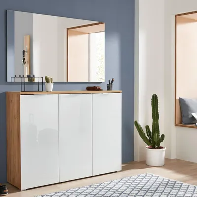 Zdjęcie produktu dla Zestaw szaf LYON-01 dąb navarra z białym szklanym frontem, szer. x wys. x gł. ok. 134 x 200 x 40 cm