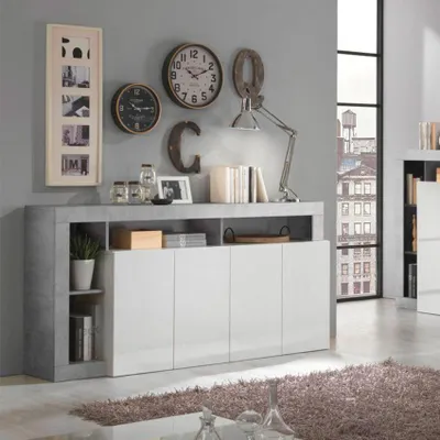 Produktbild von Wohnzimmerschrank Cadiz BC, 4 Türen, Hochglanz Weiß Grau Betonoptik