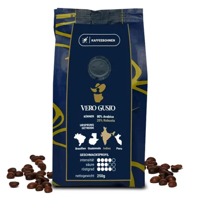 Zdjęcie produktu dla Kawa ziarnista do ekspresu Caveres Vero Gusto 250 g, świeżo palona - 80% Arabica, 20% Robusta - Rzemieślnicza Palarnia Kawy Premium