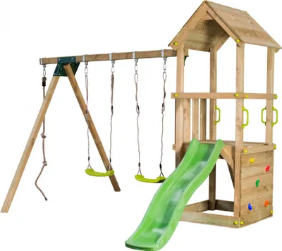 Produktbild von Spielturmking Spielturm LOFT mit Rutsche Doppelschaukel Kletterseil und Kletterwand - Limongrün DH716