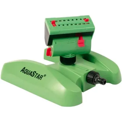 A green oscillating sprinkler with a black hose connector and red adjustment levers, set against a white background.