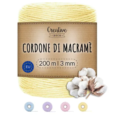 Immagine prodotto di Creative Deco Cotone per Uncinetto 1 Gomitolo 200m Giallo Pastello | Filo Cotone 3mm | Fettuccia per Borse a Uncinetto, Decorazione Casa Fai da Te