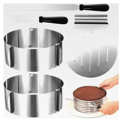 Produktbild von 5-teiliges verstellbares Tortenring-Set 8 cm hoch mit Tortenboden-Schneidehilfe - Edelstahl-Tortenzubehör mit Tortenretter und Palette