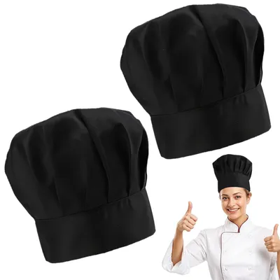 2 Kochmützen schwarz, Polyester-Baumwolle, elastisch, 55-59 cm