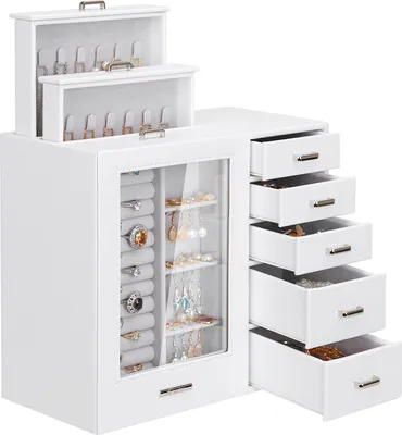 Produktbild von Seelux Schmuckkoffer Weiß Schmuckkasten mit 8 Schubladen, Glasfenster für Halsketten, Ringe, Armbänder, Ohrringe Schmuckkoffer Schmuckschatull