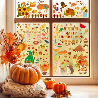 Immagine prodotto di Decorazioni autunnali per finestre, 153 pezzi, adesivi riutilizzabili in PVC, decorazioni per il Ringraziamento