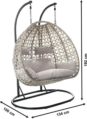 Produktbild von Kobolo Hängekorb Hängesessel Schwing TWO Polyrattan für zwei Personen inkl Gestell und Kissen -grau meliert -Innenbereich und geschützter Außenbereich