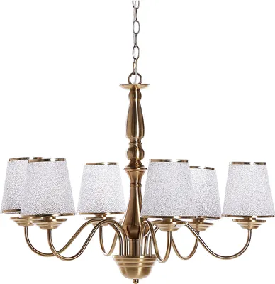 A brass-colored chandelier with six white lampshades, photographed against a white background.