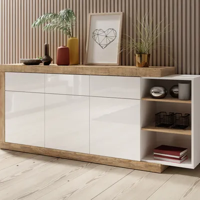 Produktbild von Masseno Kommode SINFONIA 200 cm Sideboard mit 3 Schubladen und 3 Türen für Wohnzimmer Schlafzimmer Modern 200x40x86 cm Eichefarben / Weiß