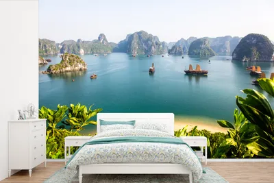 Produktbild von MuchoWow® Fototapete für Wohnzimmer oder Schlafzimmer Wandtapete Vinyl Motivtapete Luftbildaufnahme Halong-Bucht - 600x400 cm - Vinyltapeten