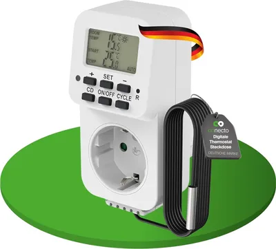 Produktbild von conecto digitales Thermostat Steckdose, Temperaturregler, Heizung, Kühlung, zeitgesteuert mit externem Fühler, 3600 Watt, weiß
